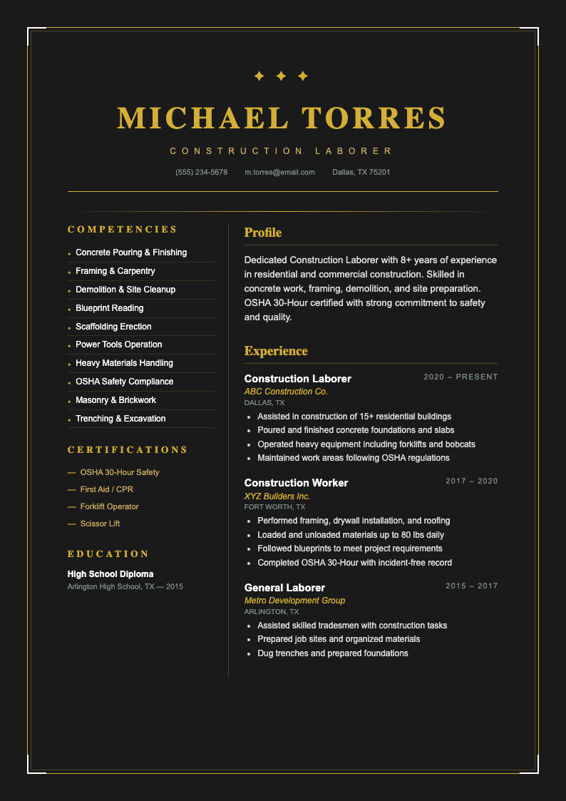 Art Deco Modern construction laborer resume